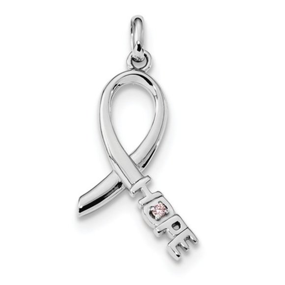 925 Sterling Silver Pink CZ Hope Cancer Awareness Ribbon Pendant - Picture 1 of 4